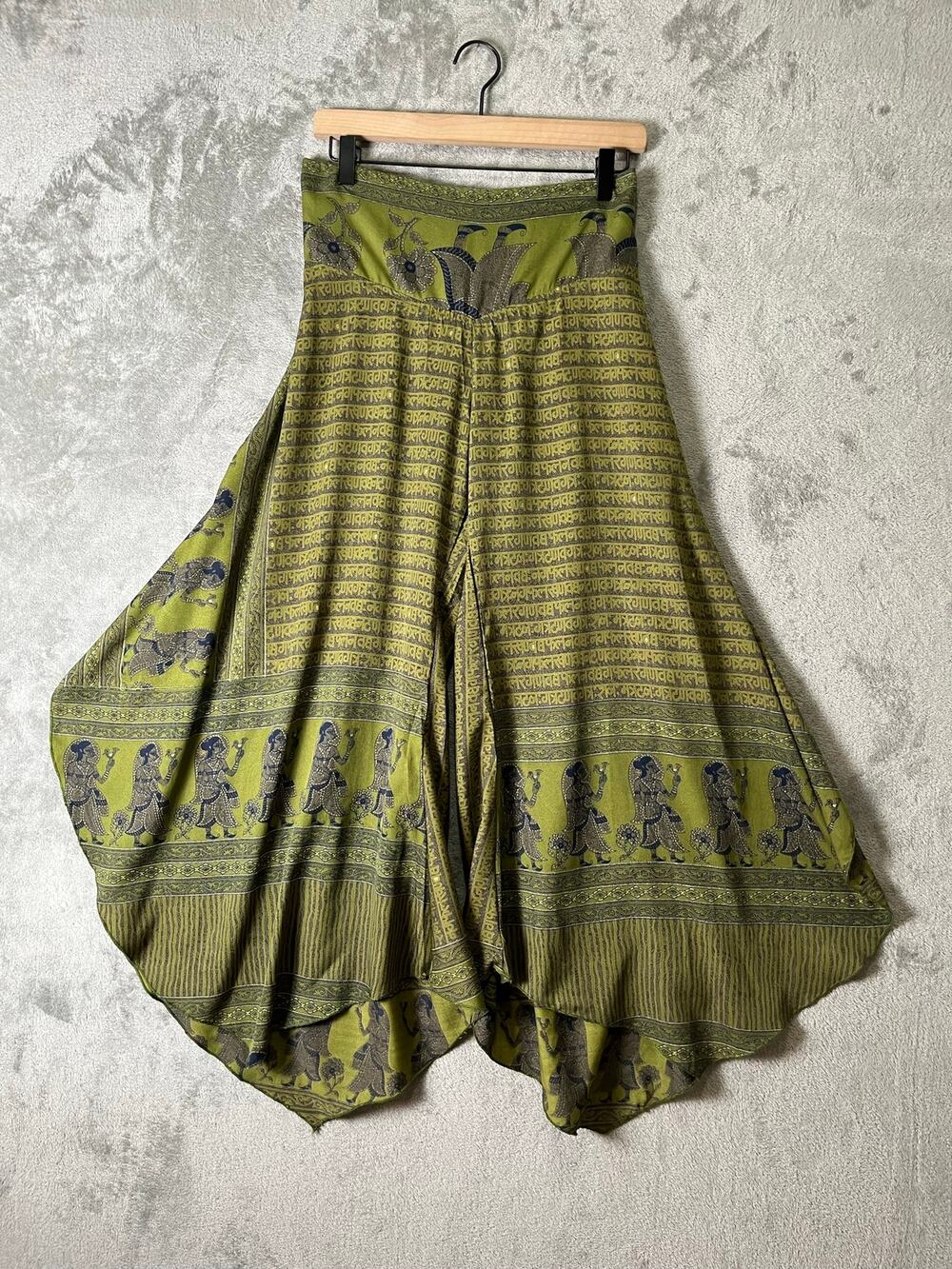 Silk Blend Olive Green Wide Leg Harem Pants Boho Artisan Ethnic Print Indie